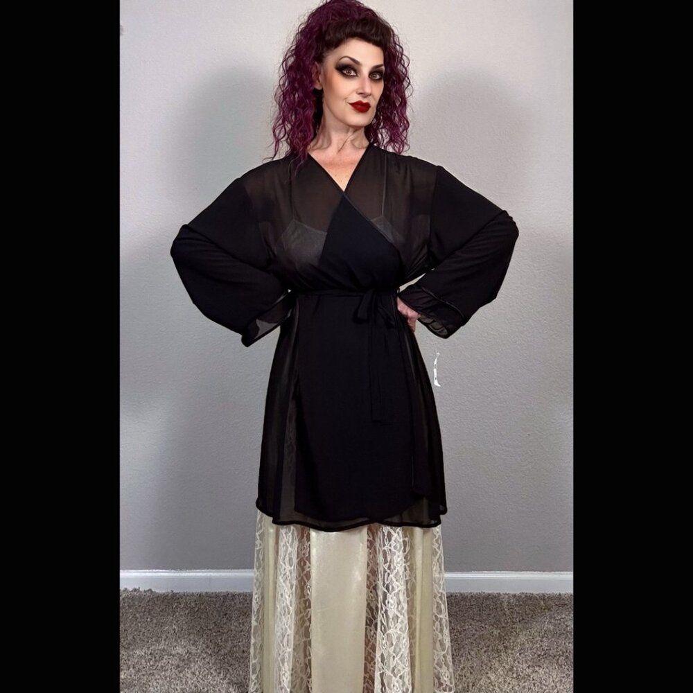 NWT Black Sheer Oscar de la Renta Robe Double Sleeves Pinup Boudoir Lingerie XXL